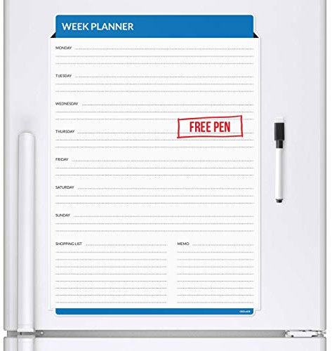 CKB Ltd® Blue WEEKLY PLANNER Magnetic Fridge Board With Marker White Board & Pen Drywipe Whiteboard Days of the Week With Shopping List A3 Sized 7 DAY 1 FULL WEEK CHART