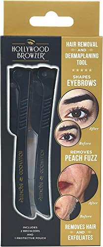 Hollywood Browzer 2er Set Gesichtshaarentferner Rasierer & Dermaplaning Tool für Damen, Augenbrauenrasierer, Peeling & Haarentfernung ohne Schmerzen, mit Schutzhülle (Duo Schwarz)