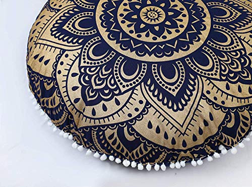 Popular Handicrafts Bodenkissen Kissenbezug - Hippie Mandala Kissenbezug Groß mit Pom Poms Weiche Partikel - Pouf Cover Rund Bohemian Yoga Dekor, 32 Blau Gold