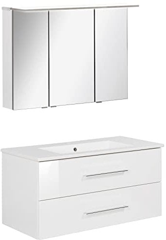 FACKELMANN weisses Badmöbel Set B.Perfekt 2-TLG. mit Waschtisch Unterschrank inkl. Keramikbecken hängend 100 cm & LED Spiegelschrank