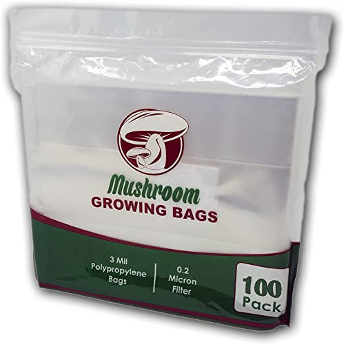 The Magnificent Bee All in One Mushroom Grow Bags (100 Count) | Oyster Spawn Growing Kit | 0.2’ Micron Filter Grain Root Bag | Large Size 8 X 5 X 20 | 3 Mil Polypropylene