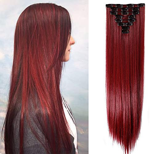 SEGO Extension Clip Capelli Lisci Lunghi [Castano mix Rosso Scuro] 8 Fasce Sintetiche con 18 Clips in Extensions 65cm Full Head 140g