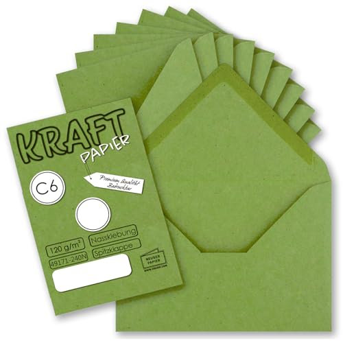 100x Kraftpapier Umschläge DIN C6 Hellgrün - 11,4 x 16,2 cm ohne Fenster - Vintage Briefumschläge mit Nassklebung Spitzklappe - NEUSER PAPIER