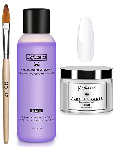 Lofuanna 30g Transparente Poudre Acrylique 75ml Monomère Liquide Acrylique avec Brosse à Ongles en Acrylique,Poudre Acrylique pour Ongles,Kit de Démarrage pour Salon de Manucure en Acrylique