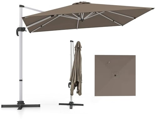 COSTWAY Ombrellone da Giardino 300 cm, Ombrellone Quadrato da Esterno con Rotazione a 360°, Inclinazione Regolabile, Base a Croce, 8 Stecche (Marrone, 300 x 300 x 261 cm)