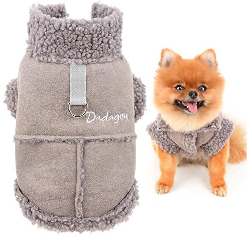 smalllee_lucky_store Haustier-Wildlederjacke, Sherpa-Fleece-gefütterter Wintermantel mit D-Ring für kleine Hunde, Katzen, Jungen, Welpen, Chihuahua, Yorkie, warme Kleidung für kaltes Wetter, Grau, M
