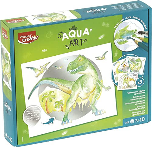 Maped 907058 Ausmal-Set AQUA'ART-Dino-inkl. 10x Aquarell-Stifte und 3x Vorlagen auf Metallic-Tafeln, Papier Metall, bunt