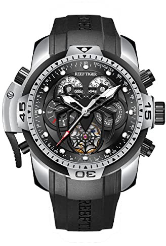 REEF TIGER Fashion Style Sport Automatik Uhr Spinne Zifferblatt mit Kompliziertem Jahr Monat Ewiger Kalender Mechanische Gummi Uhren RGA3532SP (RGA3532SP-YBR)