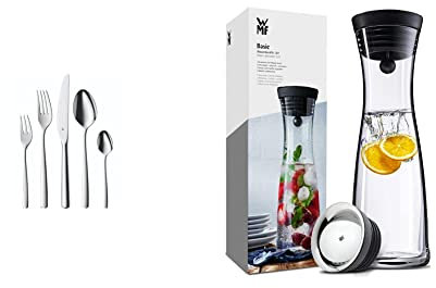 WMF Boston Besteck Set 12 Personen, Essbesteck 60 teilig, Monobloc-Messer & Basic Wasserkaraffe aus Glas, 1 Liter, Glaskaraffe mit Deckel, Silikondeckel, CloseUp-Verschluss