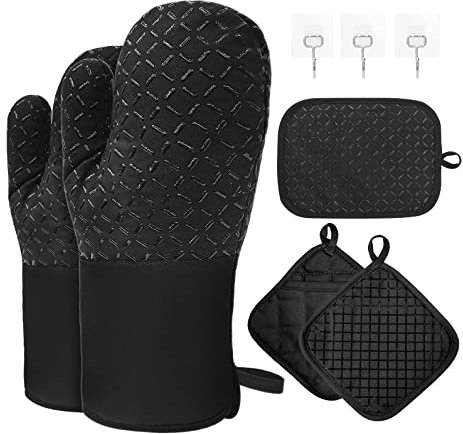 Juego de Manoplas y agarraderas para Horno, Guantes para Horno de algodón Resistentes al Calor de 300 ℃, Guantes Largos con Silicona Antideslizante, Guantes de Cocina para Cocina, Hornear, Cacerola
