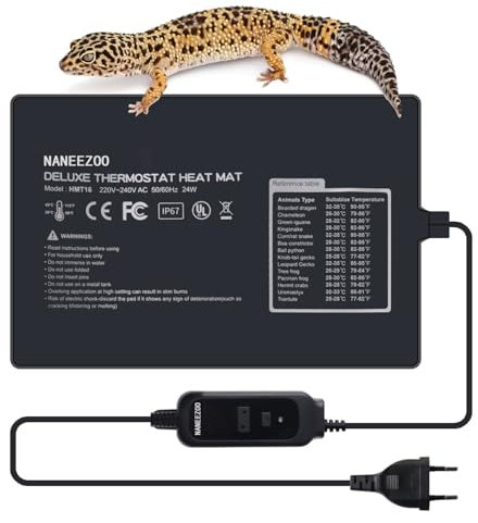 NANEEZOO Reptil Heizmatte - Terrarium Reptilienheizmatte Wärmematte für Reptilien Gecko Schildkröte Eidechse Schlangen, Pet Tank Warmer Mat Pad mit Thermostat (24W 20-30CM)