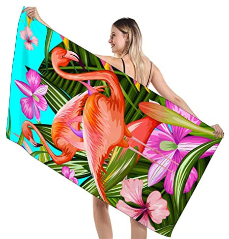 HNHDDZ Microfibre Serviette de Plage Flamant Rayé Vert Rose Bleu Noir Motif Carré Serviette de Bain Séchage Rapide Anti-Sable Doux (70x140cm, Flamant Tropical)