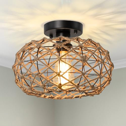 KMaiPem Boho Deckenlampe Wohnzimmer, 1 Licht Handgewebte Kleine Deckenleuchte Schlafzimmer, Natürliche Bauernhaus Hanfseil Deckenleuchten, Rustikaler Modern Kronleuchter für Kücheninsel