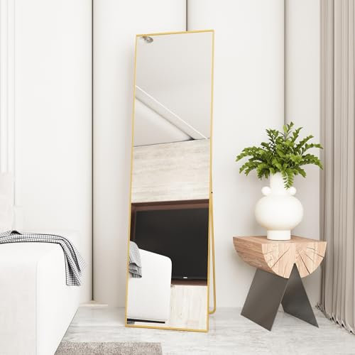 Beauty4U Specchio a tutta lunghezza 150 x 40 cm autoportante, sospeso o inclinato, grande specchio da pavimento con cornice in lega di alluminio dorato per soggiorno o camera da letto