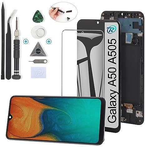 RongZy Pantalla para Samsung Galaxy A50 A505 Pantalla Táctil LCD Kit de Pantalla de Repuesto Ensamblaje Digitalizador de Reemplazo con Herramientas(6.4'',Negro con Marco)