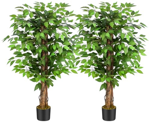 Keeplush Kunstpflanze Ficusbaum 120cm, Künstliche Pflanzen groß wie echt mit Stamm aus Naturholz, Kunstbaum groß für Wohnzimmer, Schlafzimmer, Büro, Garten (2 Pack)