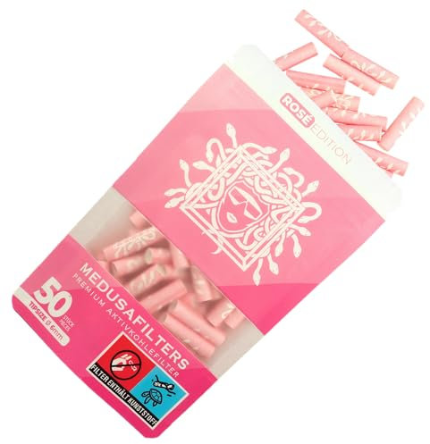 Medusafilters 50 Stück 6mm Ø Slim Premium Aktivkohlefilter mit veganen Fasercaps & Kokos Aktivkohle | Filter mit 25mm Länge made in Germany (ROSÉ EDITION)
