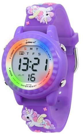 HMJIA 3D Cartoon Design Armbanduhr für Kinder Jungen und Mädchen 3ATM Wasserdicht Kinderuhr mit Wecker/Datum/Stoppuhr/LED (LED Einhorn Violettes)