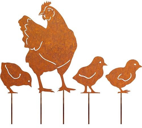 JYUECIAN Hühner Gartenstecker 4er Ostern Rost Deko Gartendeko für Draußen, Edelrost Metall Huhn Küken Roststecker Bauernhof Frühling Deko