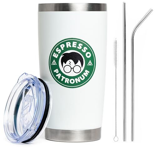 Maako Espresso Patronum Potter Edelstahl-Becher mit auslaufsicherem Deckel, doppelt isoliert, 590 ml, weißer Becher mit Metall-Trinkhalm und Bürste im Lieferumfang enthalten, Harry P Cup Geschenk