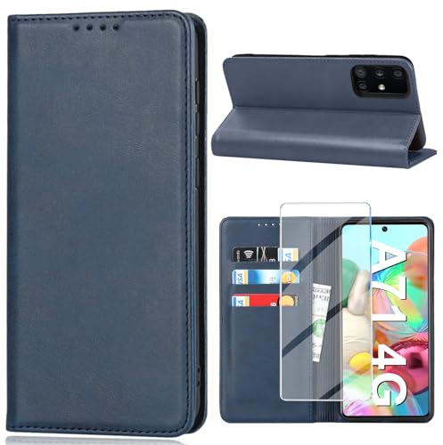 Handyhülle für Samsung Galaxy A71 Hülle mit Schutzfolie, Schutzhülle Galaxy A71-4G PU Leder Wallet Kartenfach Ständer Klapphülle Lederhüllen Case für Samsung A71-4G Tache Cover (Blau)