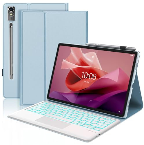 Funda Teclado con Trackpad para Lenovo Tab P12 12.7, Teclado Bluetooth Desmontable con Retroiluminación de 7 Colores y Funda Protectora para Tablet Lenovo Tab P12 2023 12.7 Pulgadas, Azul Claro
