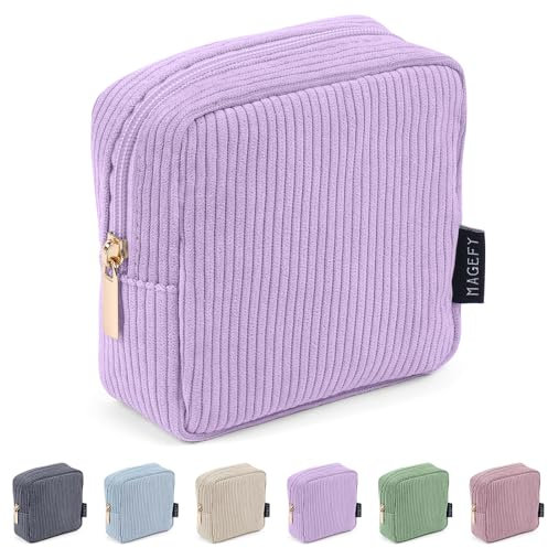 MAGEFY Kleine Make up Tasche für Handtasche Mini Kosmetiktasche Cord Make up Tasche für Frauen mit Fächern(Lila)
