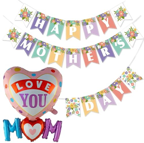 2 Stück Folienballons zum Muttertag, Happy Mother's Day, Love You Mom, Folienballons, Muttertags-Ballons, Banner, Dekorationen, für Muttertag, Party-Dekorationen