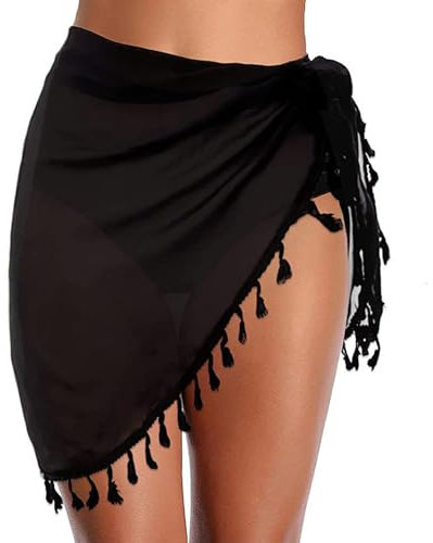 TBSCWYF Damen Sarong Pareo Strandtuch Wickelrock Wickeltuch Schal Halstuch Multifunktion weich und leicht Strandrock Sarong Damen Strand Wrap Groß Chiffon Strandrock mit Fransen Schwarz Weiß