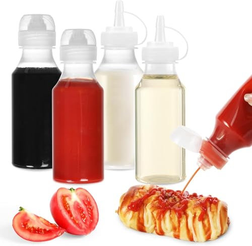MUSLONG Squeeze Botella, 4 unidades de 250 ml, botella de plástico con tapas, sin BPA, sin fugas, para pintar, hornear, ketchup, salsa afilada, aceite de oliva, botella pulverizadora