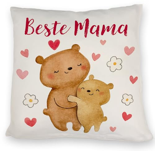 Bären Mutter und Kind Kissen mit Spruch Beste Mama Muttertagsgeschenk voller Liebe Herzen Umarmung - Tier Familie Ehre