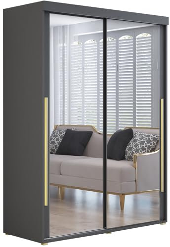 Meble Slupia Kleiderschrank IGA 2 - Schiebetüren mit Zwei Spiegel - Holzwerkstoff, Kleiderstange, Geteilte Tür - Für Schlafzimmer, Vorraum, Garderobe - Goldener Griff - 200x202x62 cm, Anthrazit