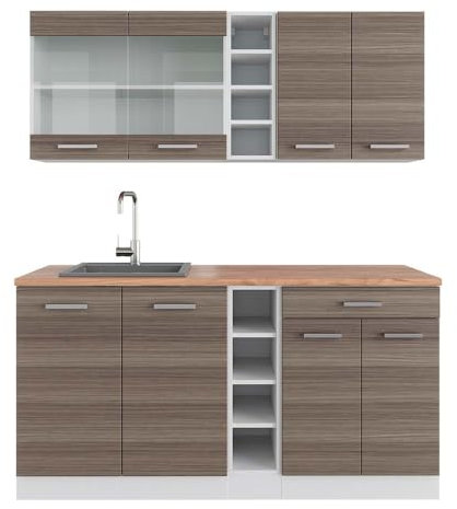 Vicco Singleküche R-Line, Küchenzeile Single, Edelgrau/Weiß, 160 cm, AP Eiche