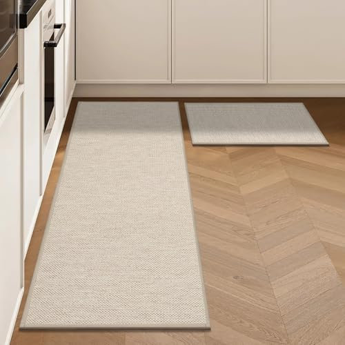 LEKEEPGO Küchenteppich Waschbar rutschfest 43x75cm+43x150cm, 2 Stück Küchenläufer rutschfest, Küchen Teppiche, Waschbarer Teppich Läufer Flur, Saugfähig Teppichläufer für Küche,Flur,Waschküche, Beige