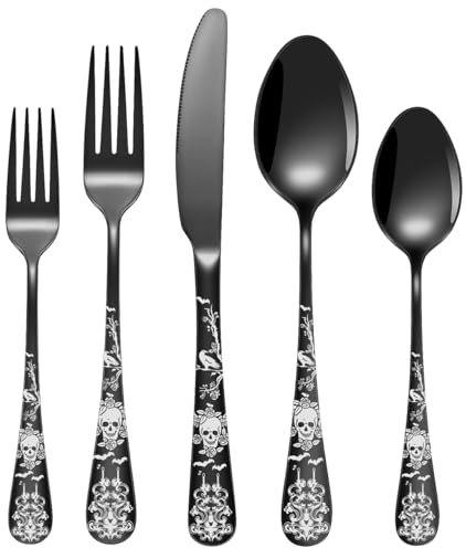 XIAOYU 5-teiliges Schwarzes Besteckset Mit Bizarrem Totenkopf - Gotisches Edelstahl-Design Mit Einzigartigem Totenkopf-/Krähen-/Blumen-/Fledermaus-Muster - Halloween-Besteck