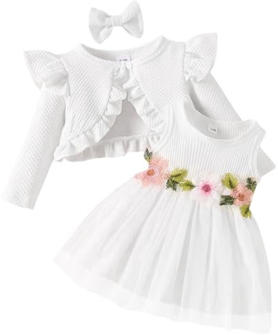 Yoolhamy Bebé Niñas Vestido de Flores y Cárdigan Manga Larga Algodón Princesa Tutú Vestidos con Trajes Abrigo (FR/ES, Edad, 3 Meses, 6 Meses, Long Sleeve White)