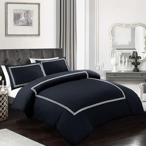 My home store Embroidered Duvet Cover Hotel Quality 200TC Bedding Set Soft Breathable 100% Poly Cotton Quilt Cover with Pillowcases (Bratta Stitch Black/White, Super King)