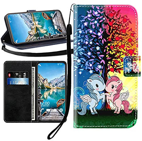 Sunrive Kompatibel mit Samsung Galaxy A16 5G Hülle,Magnetisch Schaltfläche Ledertasche Schutzhülle Etui Leder Case Handyhülle Tasche Schalen Lederhülle MEHRWEG(Blau rot Einhorn B1)