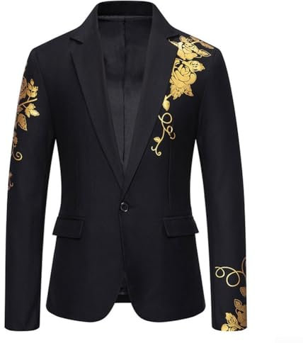 Elegant Paisley Floral Blazer for Men, Gold Bronzing, Business Wedding Suit Jacket (2XL Black)