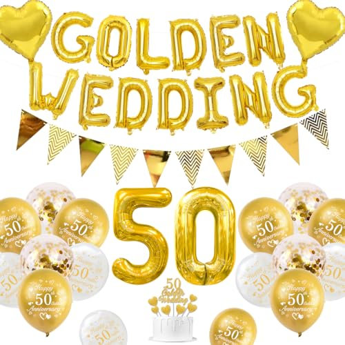 Goldene Hochzeit Deko, 50 Hochzeitstag Dekorationen 50 Goldene Hochzeit Luftballons Happy 50th Anniversary Luftballons Metallische Gold Weiße Luftballons Banner 50 Golden Wedding Tortenaufsatz