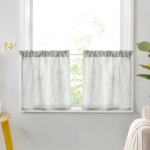 Deconovo Scheibengardine Küche Voile Bistrogardine Vorhang Halbtransparent Fenstergardinen Leinenoptik Gardinen Wohnzimmer Küchengardinen Vorhänge für Küche, 45x60cm(HöhexBreite), Hellgrau, 2er Set