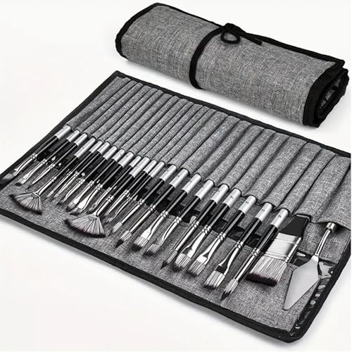 Professionelle Acryl-Pinsel, 25 Stück, synthetischer Künstlerpinsel für Acryl, Gouache, Öl mit Organizer-Tasche, Palettenmesser, kein Haarausfall, Ölpinsel