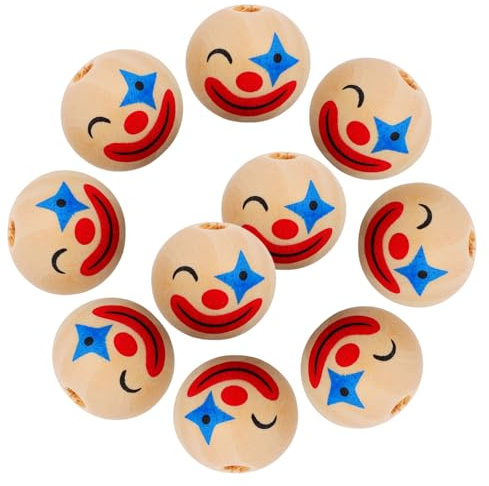 Bedruckte Holzperlen mit Clownmotiv 20mm, 10 Stück für Kinder | Puppenköpfe zum Basteln für Armbänder und Ohrringe, Holzkugeln für Familienaktivitäten