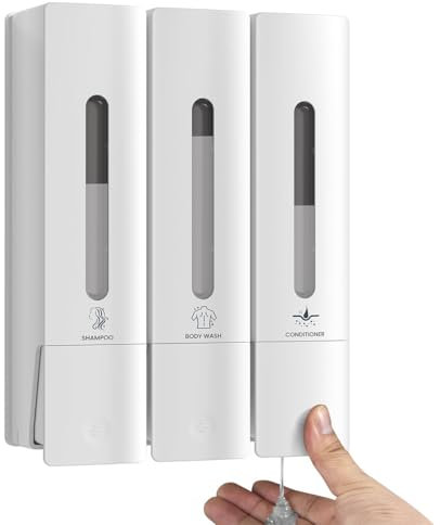 Raddile Shampoo and Conditioner Dispenser Wall Mounted, No Drill Shampoo Dispensers for Shower, Shower Gel Dispenser for Bathroom Hotel (3 Chamber Bright White)