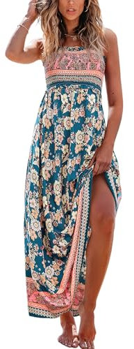 CUPSHE Damen Sommerkleid Gesmokt Ärmellos Maxikleid Rüschen Spaghettiträger Lang Freizeitkleider Maxi Dress Marineblau mit Blumenmuster L