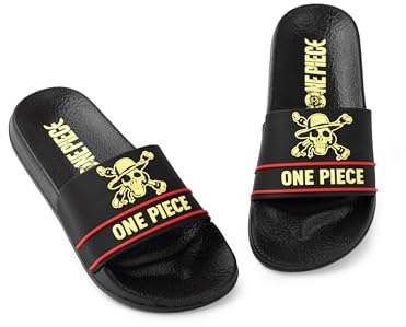 One Piece Boys Black Sliders | Red & Yellow Emblem Casual Footwear | Anime Inspired Outdoor & Home Wear | Flat Heel Comfortable Sliders for Everyday Use - 5 UK