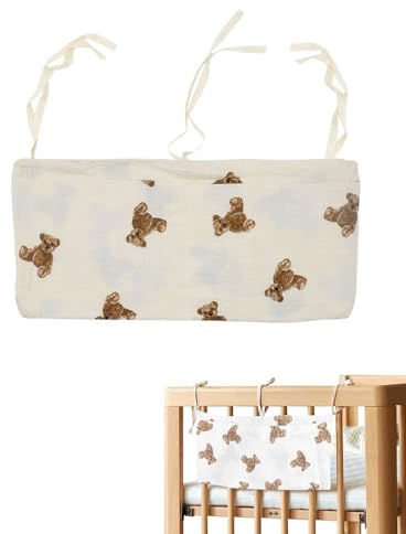 FUGLUS 1 Stück Babybett Organizer,Kinderzimmer Hängender Bett Organizer,Betttasche Spielzeugtasche,Beistellbett Baby,Khaki Baby Windel Caddy,Hängen an Krippe oder Wickeltisch(Bären-Stil)