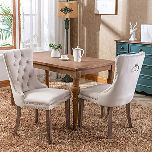 FINTHOMING Esszimmerstühle 2er Set, Küchenstühle 2er Set, Tufted Hoher Rücken Stühle, Samt Weich Gepolstert Essstuhl mit Holzbeinen, Nieten Dekoration, Belastbarkeit 130kg