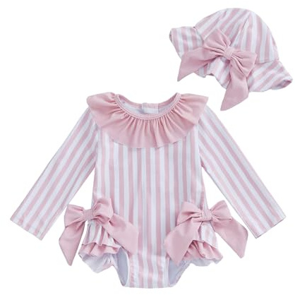 Toddler Baby Girl Bathing Suit Stripe Print Ruffle Bow Knot Long Sleeve Swimsuit Newborn One Piece Rash Guard with Hat 0-3T Girl Swimwear