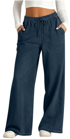 Wide Leg Jeans for Women Loose Fit Casual Palazzo Trousers Elastic Waist Stretchy Denim Pants with Pockets & Drawstring Wide Legs Joggers for Ladies Workout Athletic Trousers Comfortable Long Bottoms